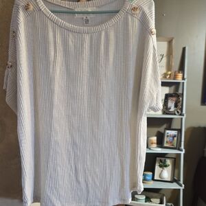 French Laundry White Striped Blouse with Button Accents.